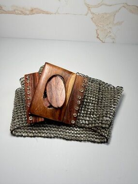 Source Unknown Metallic Silver Mesh Belt with Wood Buckle